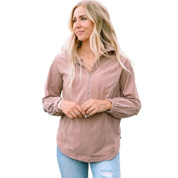 Azura Exchange  Apricot Ribbed Texture Half Zip Collared Sweatshirt - Picture 8 of 15